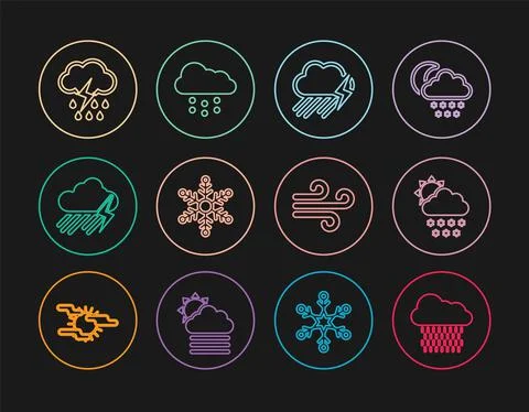 Set line Cloud with rain, snow and sun, lightning, Snowflake, Wind and icon Stock Illustration