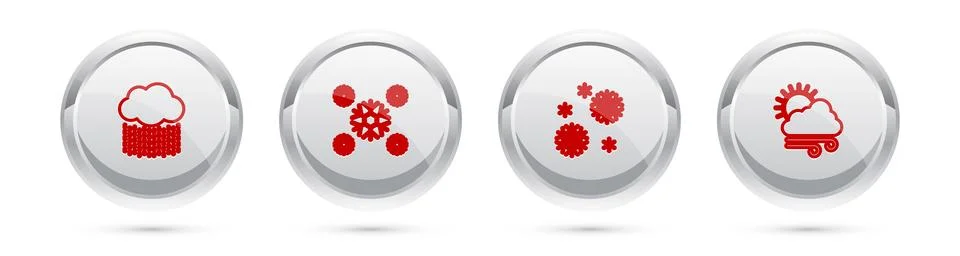 Set line Cloud with rain, Snow,  and Windy weather. Silver circle button. Vec Stock Illustration