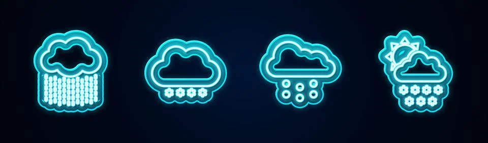 Set line Cloud with rain, snow,  and and sun. Glowing neon icon. Vector Illustrazione stock