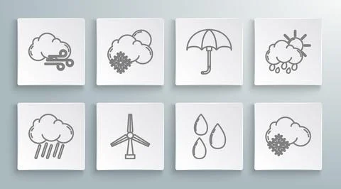 Set line Cloud with rain, snow and sun, Wind turbine, Water drop, Classic e.. Stock Illustration