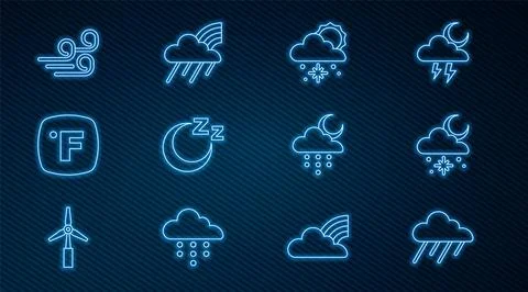 Set line Cloud with rain, snow and sun, Time to sleep, Fahrenheit, Windy we.. Stock Illustration