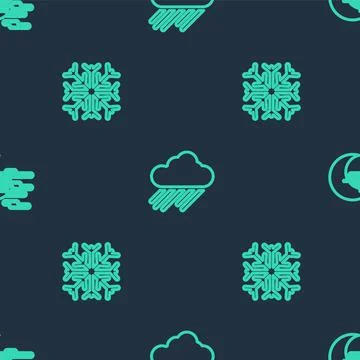 Set line Cloud with rain, Snowflake and Fog and moon on seamless pattern. Vec 스톡 일러스트