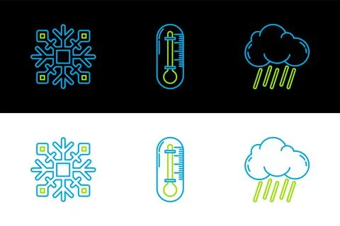 Set line Cloud with rain, Snowflake and Thermometer icon. Vector Illustrazione stock