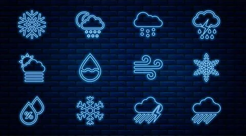 Set line Cloud with rain, Snowflake, snow, Water drop, Fog and cloud sun, Wind Stock Illustration