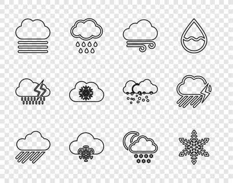 Set line Cloud with rain, Snowflake, Windy weather, snow, Fog and cloud, mo.. Stock Illustration