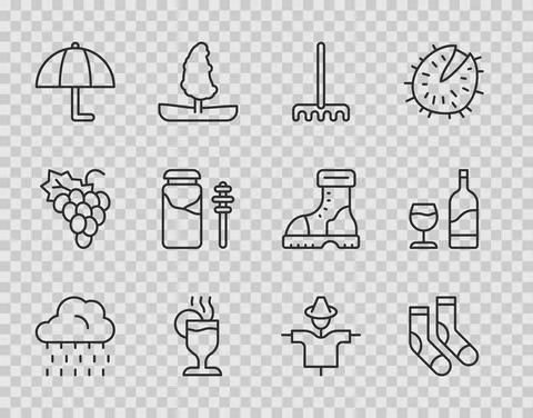 Set line Cloud with rain, Socks, Garden rake, Mulled wine, Umbrella, Jar of Stockillustratie