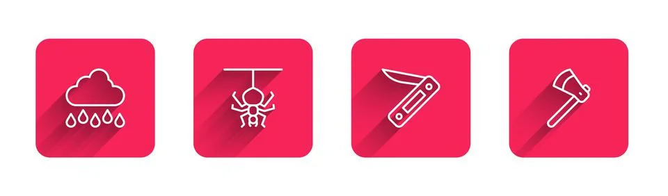 Set line Cloud with rain, Spider, Swiss army knife and Wooden axe with long s Stock Illustration
