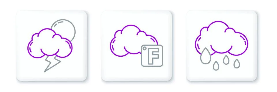 Set line Cloud with rain, Storm and Fahrenheit and cloud icon. Vector Illustrazione stock