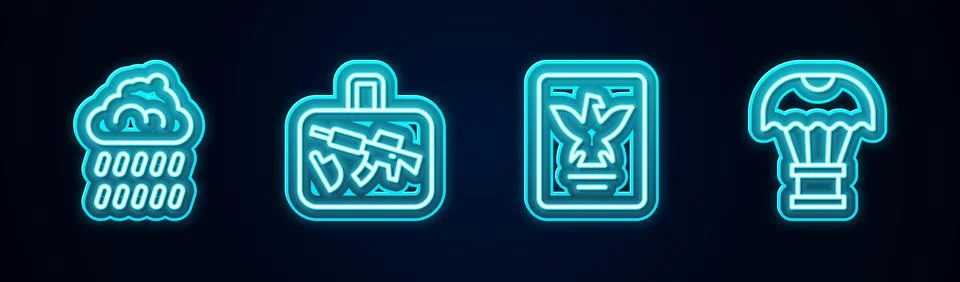 Set line Cloud with rain, Suitcase, Passport and Box flying on parachute. Glo Stock Illustration