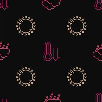 Set line Cloud with rain, Sun and Meteorology thermometer on seamless pattern Stock Illustration