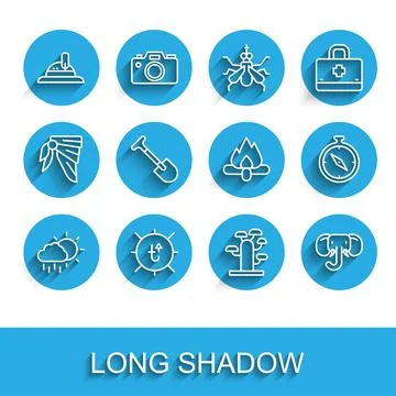 Set line Cloud with rain, Sun, Hunter hat, African tree, Elephant, Shovel Stock Illustration