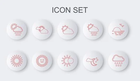Set line Cloud with rain, Sun, and cloud weather, moon stars, sun, and Eclipse Ilustração Stock