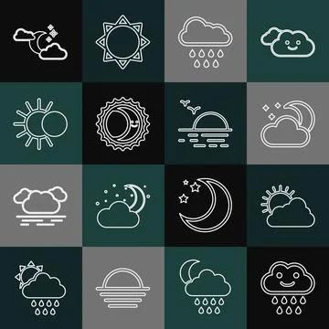Set line Cloud with rain, Sun and cloud weather, moon stars, Eclipse of sun, and 스톡 일러스트