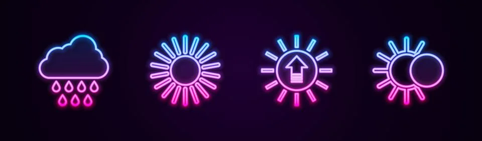 Set line Cloud with rain, Sun, Sunset and Eclipse of the sun. Glowing neon icon 스톡 일러스트