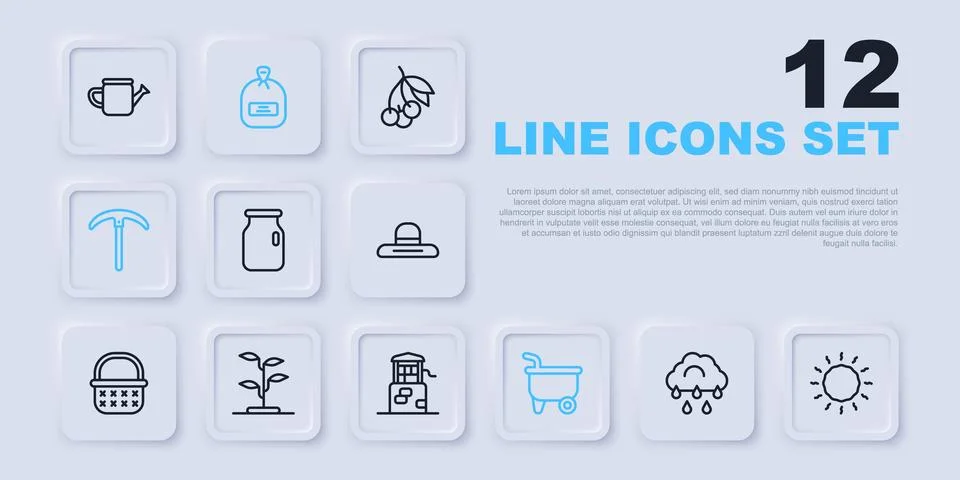 Set line Cloud with rain, Sun, Glass jar screw-cap, Wheelbarrow, Pickaxe, S.. Ilustração Stock