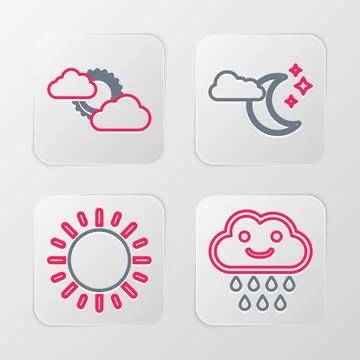 Set line Cloud with rain, Sun, moon and stars and cloud weather icon. Vector Stock Illustration