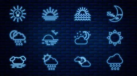 Set line Cloud with rain, Sun, Sunset, and moon, stars and  icon. Vector Stock Illustration