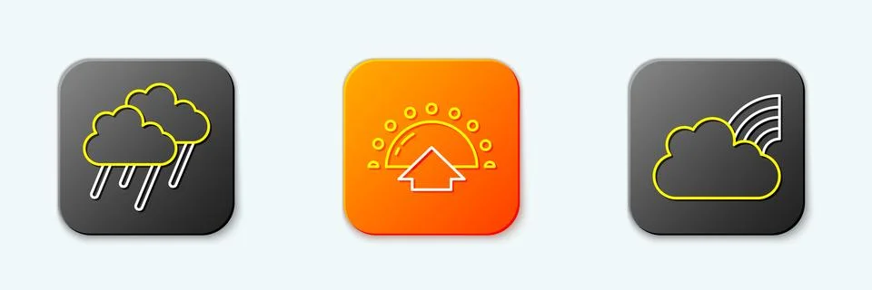Set line Cloud with rain, Sunrise and Rainbow clouds icon. Vector Stockillustratie