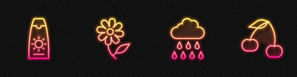 Set line Cloud with rain, Sunscreen cream tube, Flower and Cherry. Glowing neon Ilustração Stock