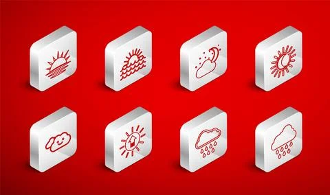 Set line Cloud with rain, Sunset, moon and stars, Eclipse of the sun,  and .. Ilustração Stock