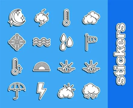 Set line Cloud with rain, Sunset, Cone meteorology windsock wind vane, Ther.. Stock Illustration