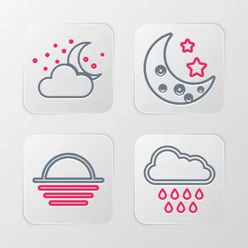 Set line Cloud with rain, Sunset, Moon and stars and moon icon. Vector Stock Illustration