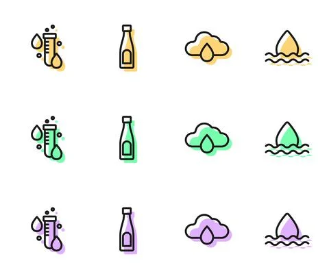 Set line Cloud with rain, Test tube water drop, Bottle of and Water icon. Vector イラスト素材