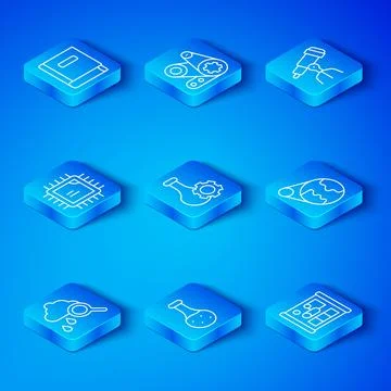 Set line Cloud with rain, Test tube, Earth globe, Telescope, Processor CPU,.. Stock Illustration
