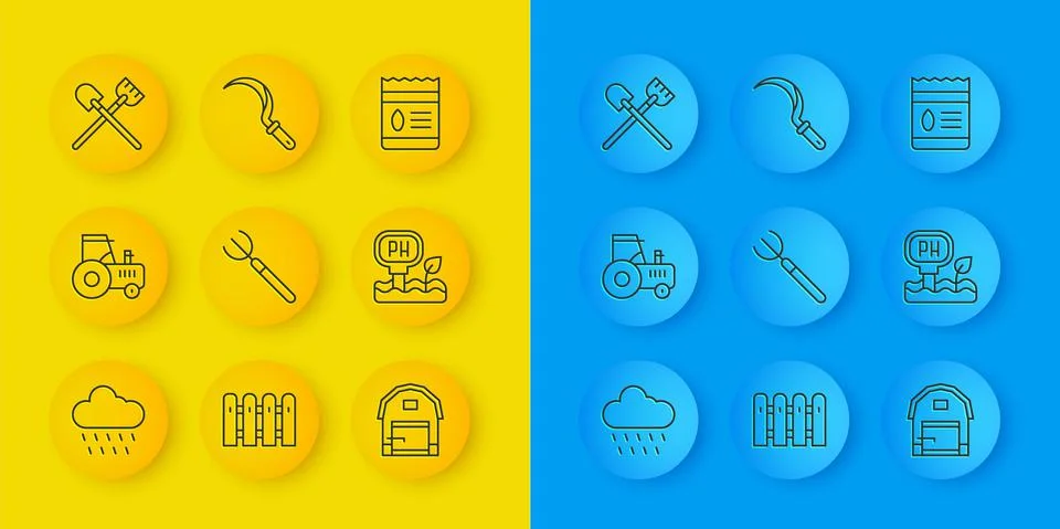 Set line Cloud with rain, Tractor, Garden pitchfork, Farm house, Soil ph testing Stock Illustration