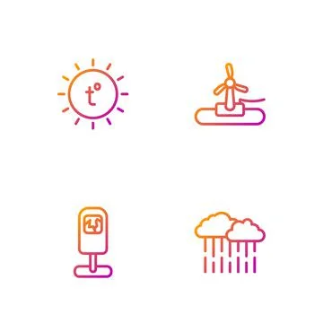 Set line Cloud with rain, Trash can, Sun and Wind turbine. Gradient color icons Ilustración de archivo
