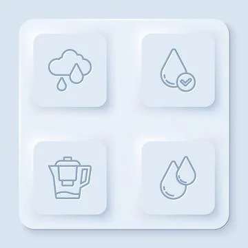 Set line Cloud with rain, Water drop, jug filter and . White square button Stock Illustration