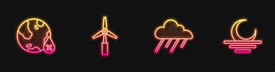 Set line Cloud with rain, Water drop percentage, Wind turbine and Sunset Stock Illustration