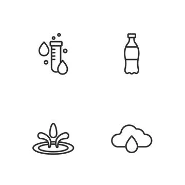 Set line Cloud with rain, Water drop, Test tube water and Bottle of icon. Vector Stock Illustration