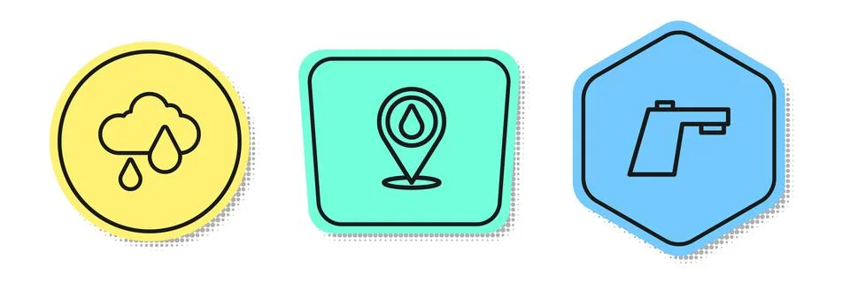 Set line Cloud with rain, Water drop location and tap. Colored shapes. Vector 스톡 일러스트