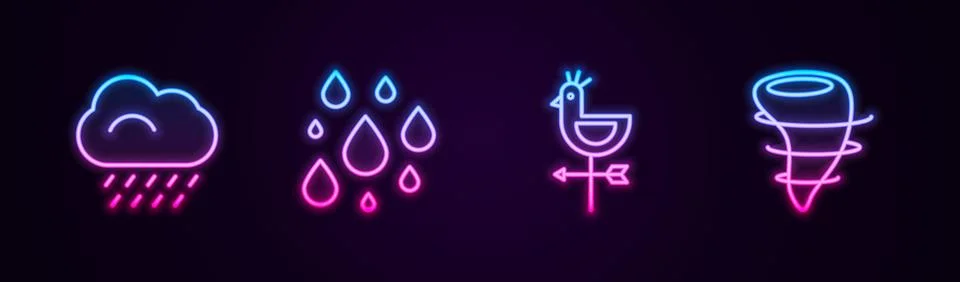 Set line Cloud with rain, Water drop, Rooster weather vane and Tornado. Glowi Stock Illustration