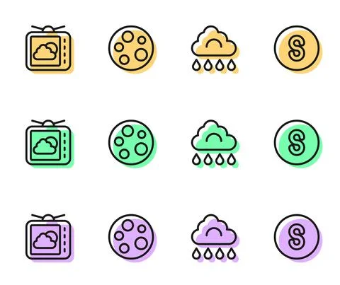 Set line Cloud with rain, Weather forecast, Moon and Compass south icon. Vector Illustrazione stock