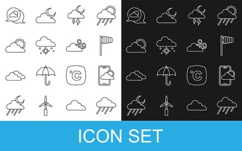 Set line Cloud with rain, Weather forecast, Cone windsock wind vane, Storm, snow Stock Illustration