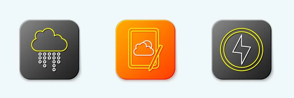 Set line Cloud with rain, Weather forecast and Lightning bolt icon. Vector Stockillustratie