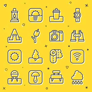 Set line Cloud with rain, Wi-Fi wireless internet, Binoculars, Trash can, M.. Stock Illustration