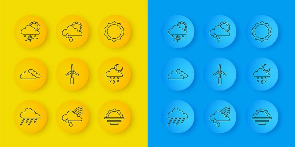 Set line Cloud with rain, Wind turbine, Sunrise, and moon, snow sun, and icon Stock Illustration