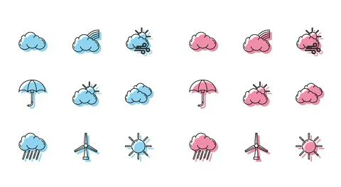 Set line Cloud with rain, Wind turbine, Sun, and cloud weather, Classic elegant Stock Illustration