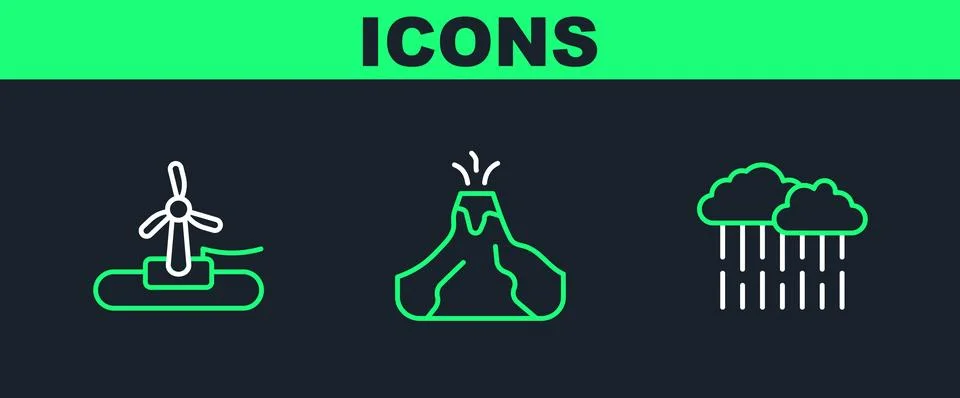 Set line Cloud with rain, Wind turbine and Volcano eruption lava icon. Vector Stockillustratie