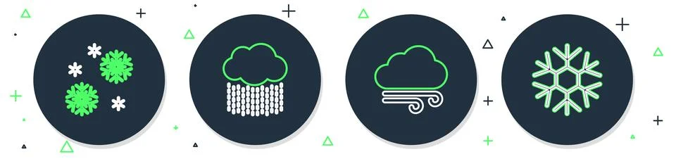 Set line Cloud with rain, Windy weather, Snow and Snowflake icon. Vector Stock Illustration