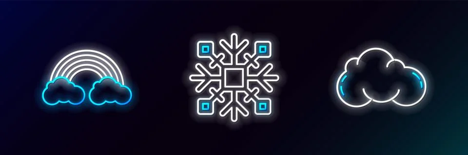 Set line Cloud, Rainbow with clouds and Snowflake icon. Glowing neon. Vector Stock Illustration