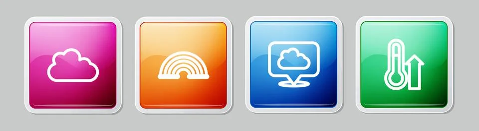 Set line Cloud, Rainbow, Location cloud and Meteorology thermometer. Colorful Illustrazione stock