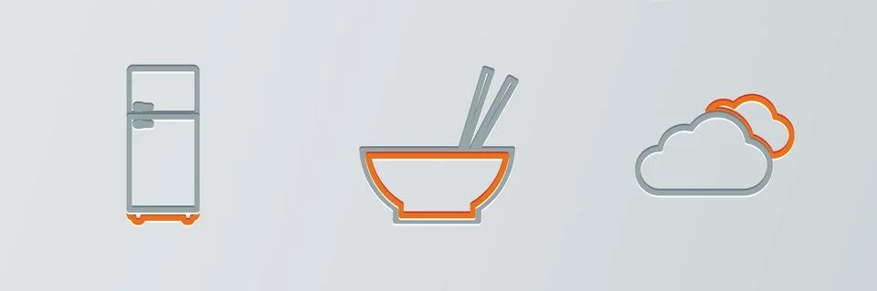 Set line Cloud, Refrigerator and Bowl with chopsticks icon. Vector Illustrazione stock