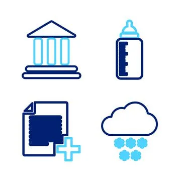 Set line Cloud with snow, Add new file, Baby bottle and Bank building icon Ilustración de archivo