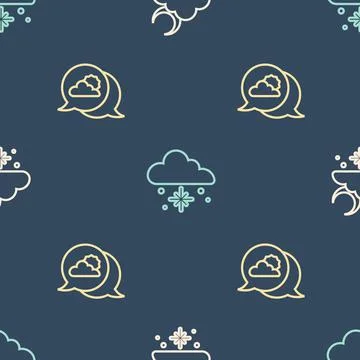 Set line Cloud with snow and sun, Location cloud and on seamless pattern. Vector Stock Illustration