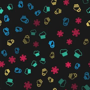 Set line Cloud with snow and moon, rain, sun and Snowflake on seamless pattern Stock Illustration