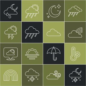 Set line Cloud with snow and sun, Meteorology thermometer, Rainbow clouds, Moon Ilustração Stock